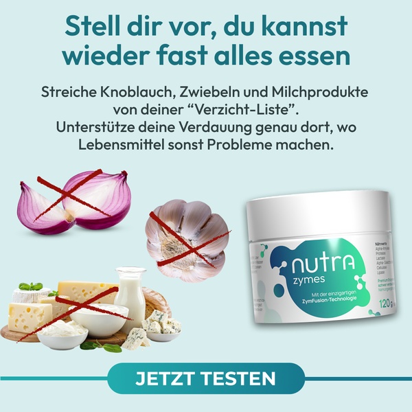A 1:1 ratio display ad using visual negation symbols over food icons to highlight the benefits of digestive enzyme supplements.
